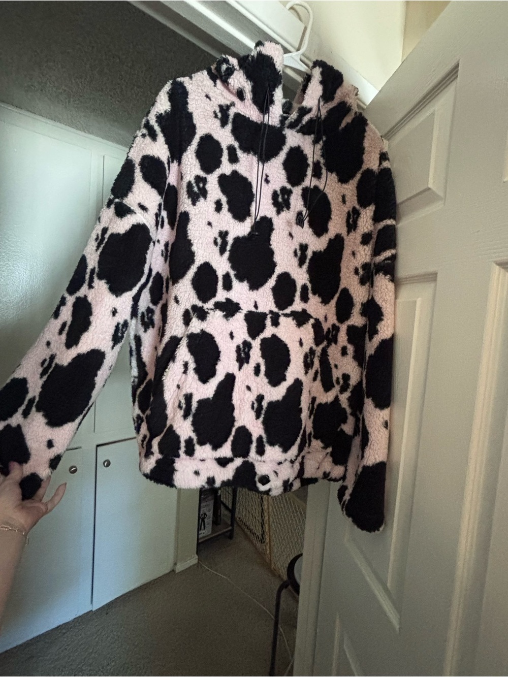 Cozy Pink & Black Cow Print Sherpa Hoodie